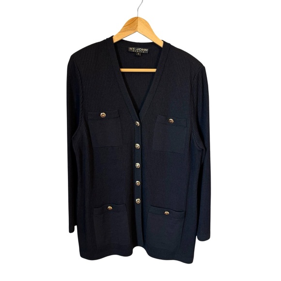 Vtg St. John Basics Black Santana Knit Gold Button Cardigan Classic Sweater 12 - Picture 1 of 7